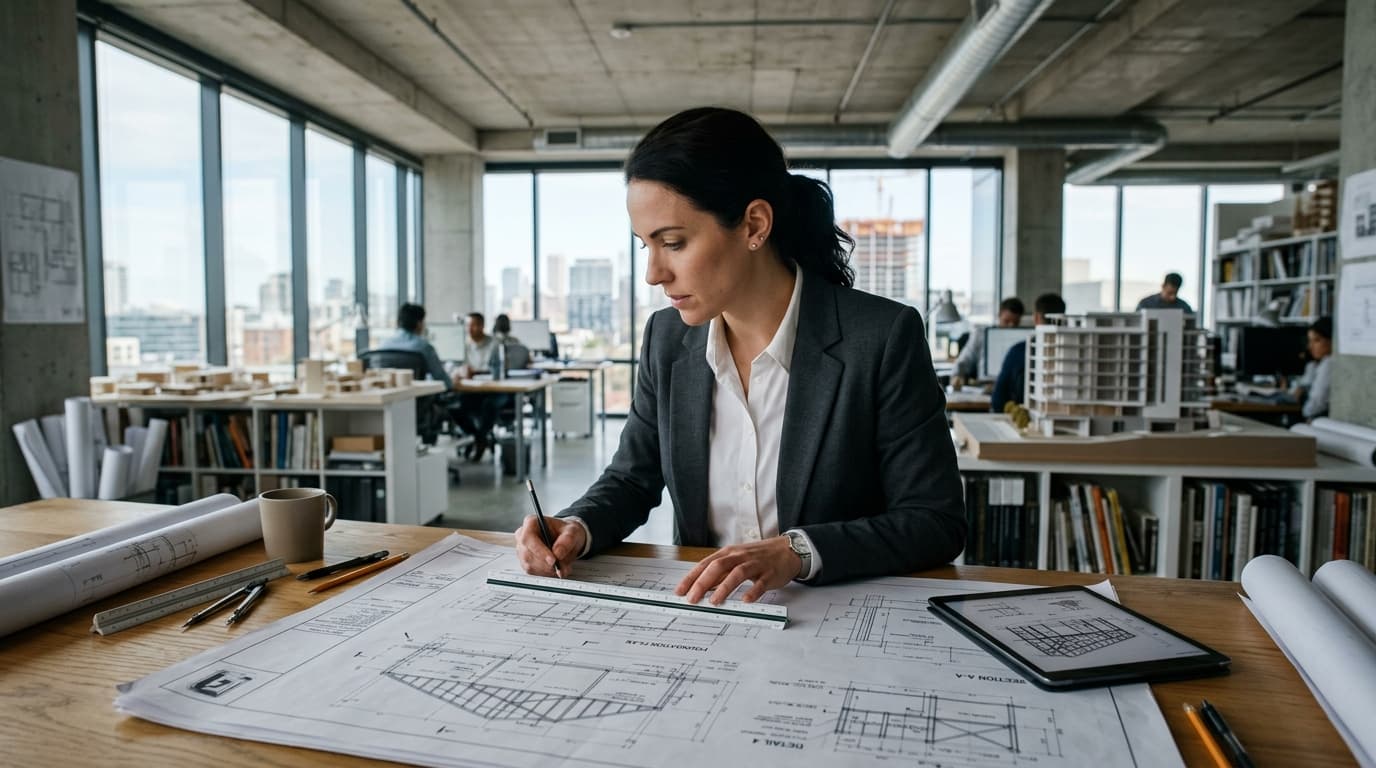 Arquitecta e ingeniera revisando planos técnicos