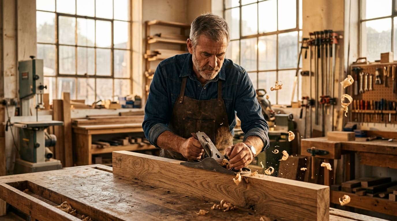 Técnico carpintero trabajando madera en taller